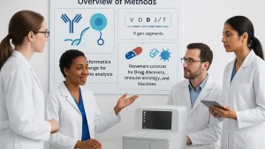 Group of four scientists in lab coats discussing in front of a board displaying research methods, with a computer device on the table.