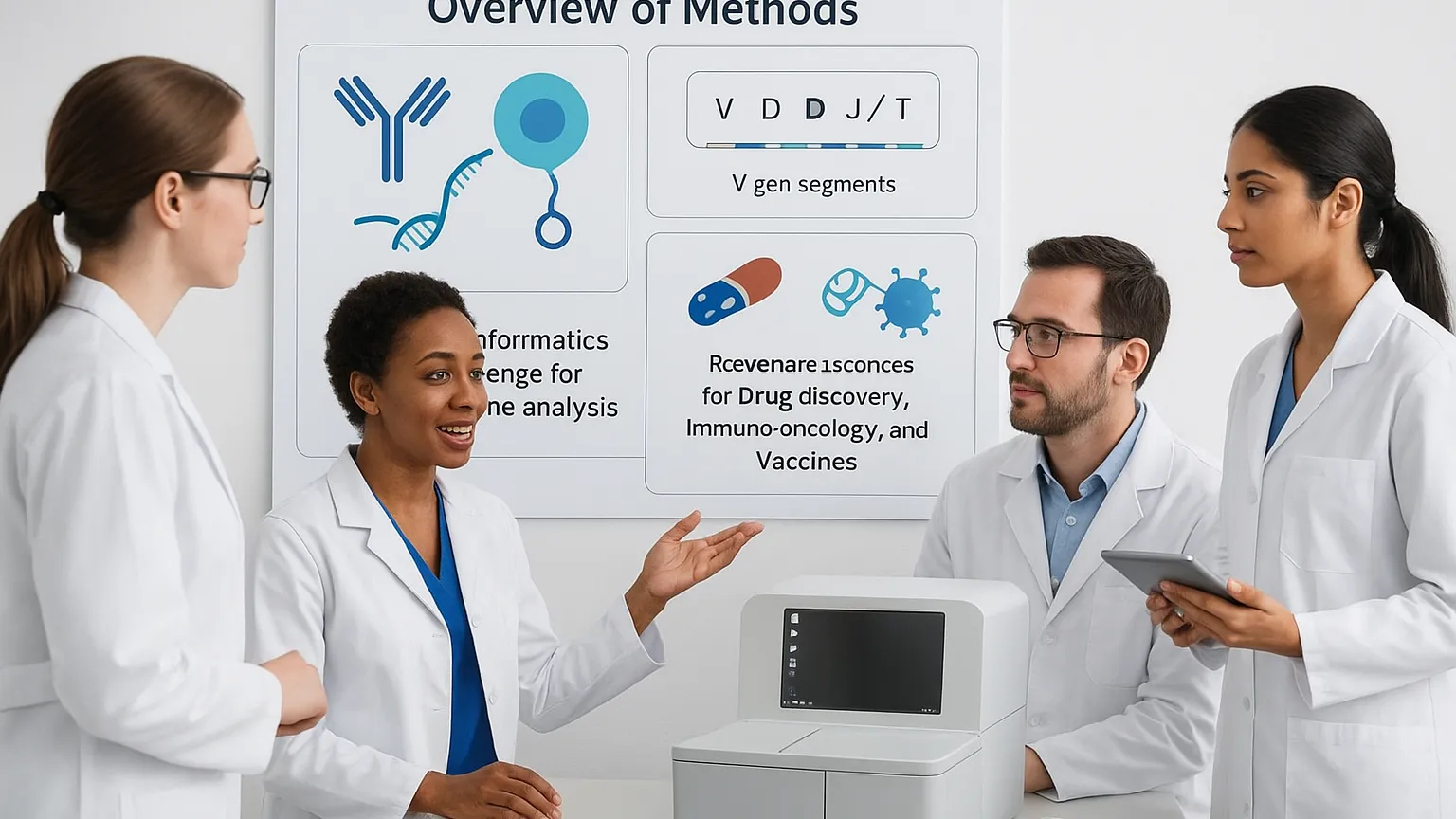 Group of four scientists in lab coats discussing in front of a board displaying research methods, with a computer device on the table.