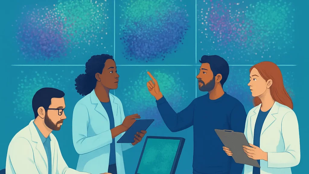 Illustration of four scientists working together in a laboratory with computers and data visualizations.