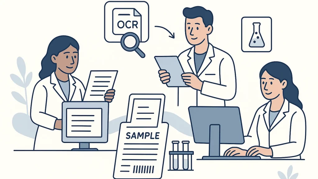 Illustration of three scientists in lab coats working with documents and computers, using OCR technology for data analysis.