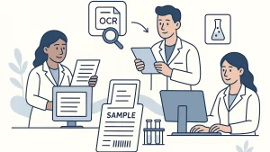 Illustration of three scientists in lab coats working with documents and computers, using OCR technology for data analysis.