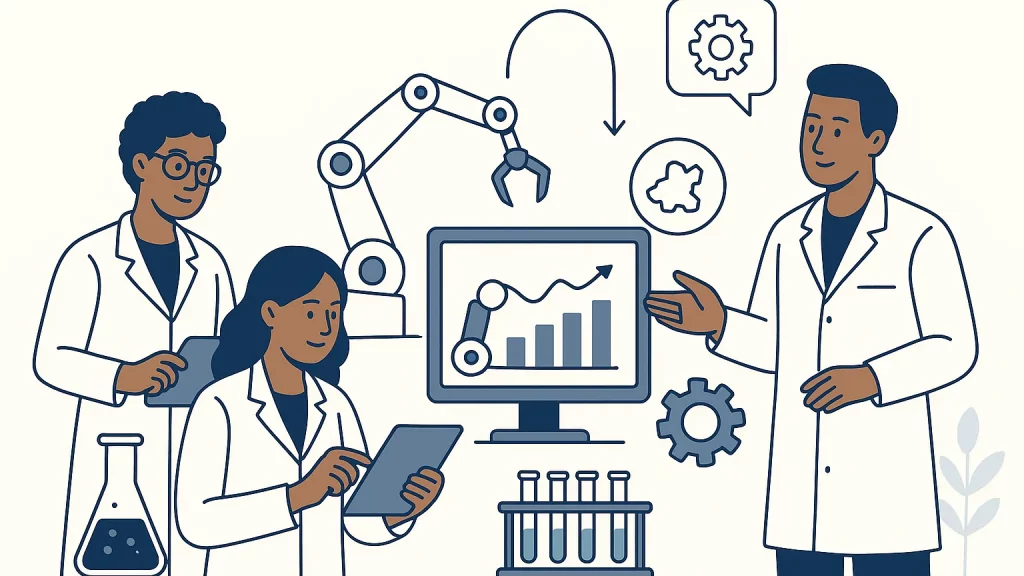 Illustration of three scientists in lab coats working together. One is using a tablet, another holds a clipboard, and a third points to a monitor displaying a growth chart. A robotic arm, test tubes, and gears are also present, symbolizing technology and research.