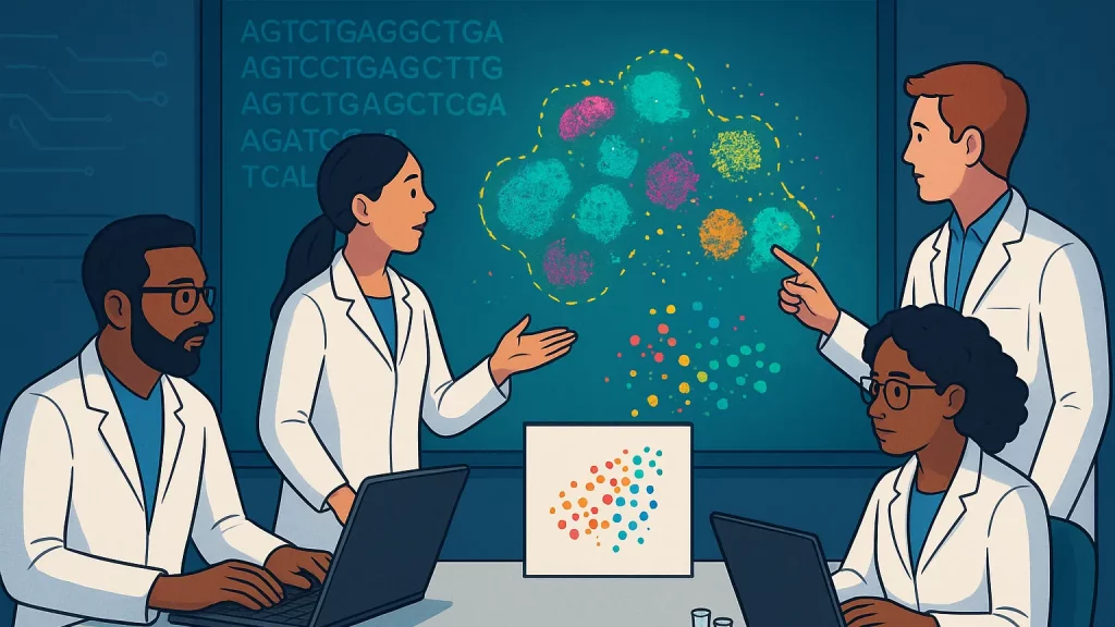 Illustration of four scientists in lab coats discussing colorful data clusters displayed on a screen, with DNA sequences in the background.