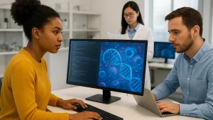 A woman in a yellow sweater and a man in a blue shirt work at a computer displaying DNA imagery, with a lab technician in the background.