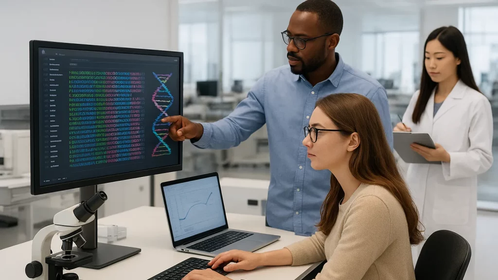 A group of scientists in a laboratory, with one pointing at a computer screen displaying DNA sequences, another using a keyboard, and a third taking notes on a tablet.