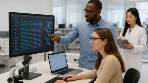 A group of scientists in a laboratory, with one pointing at a computer screen displaying DNA sequences, another using a keyboard, and a third taking notes on a tablet.