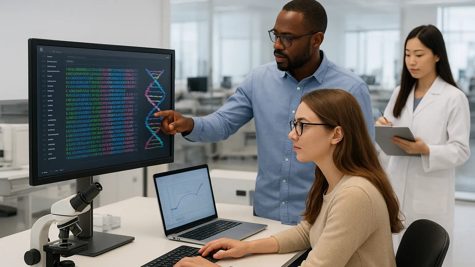 A group of scientists in a laboratory, with one pointing at a computer screen displaying DNA sequences, another using a keyboard, and a third taking notes on a tablet.