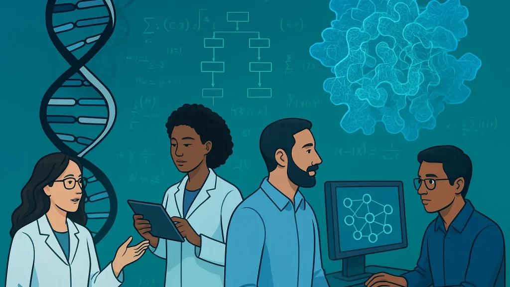 Illustration of four scientists in a lab discussing genetic research, with DNA helix, molecular structures, and equations in the background.
