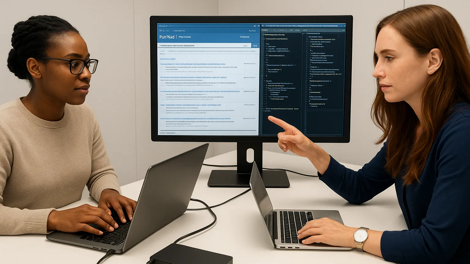 Two women sitting at a desk with laptops, discussing a project displayed on a monitor between them.