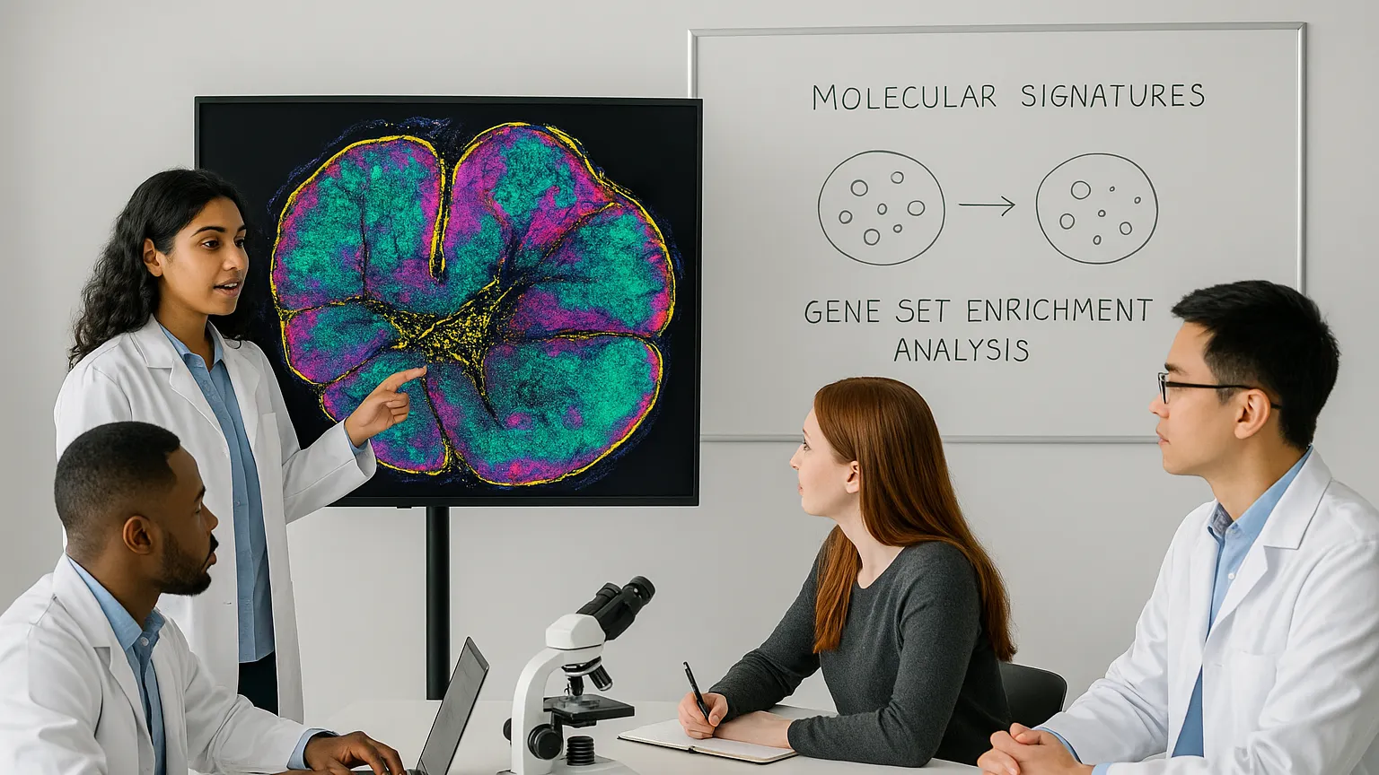A scientist presents an image of molecular signatures on a screen to three colleagues sitting at a table, with a microscope and notes nearby.