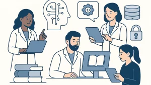 Cartoon image of researchers in lab coats using laptops, tablets, and books. Icons of a brain, gear, database, and lock are visible.