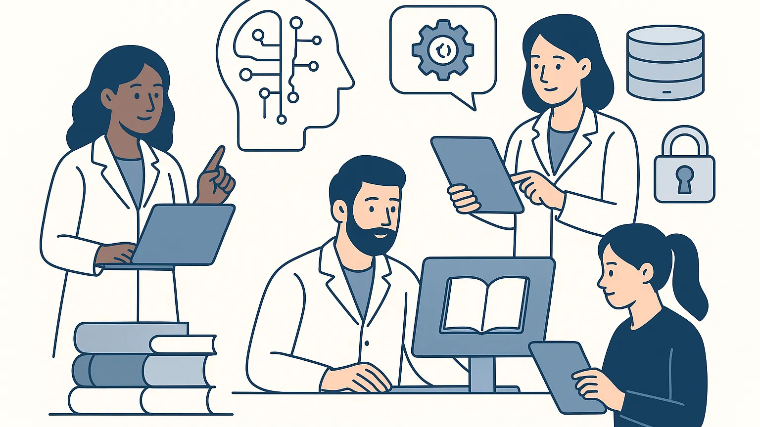 Cartoon image of researchers in lab coats using laptops, tablets, and books. Icons of a brain, gear, database, and lock are visible.