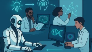 An illustration showing a robot and three scientists in lab coats collaborating in a futuristic lab. The robot is typing on a keyboard, while two scientists analyze data on computer screens, and another draws a network diagram on a board. Light bulb and network symbols are displayed, representing innovation and technology.