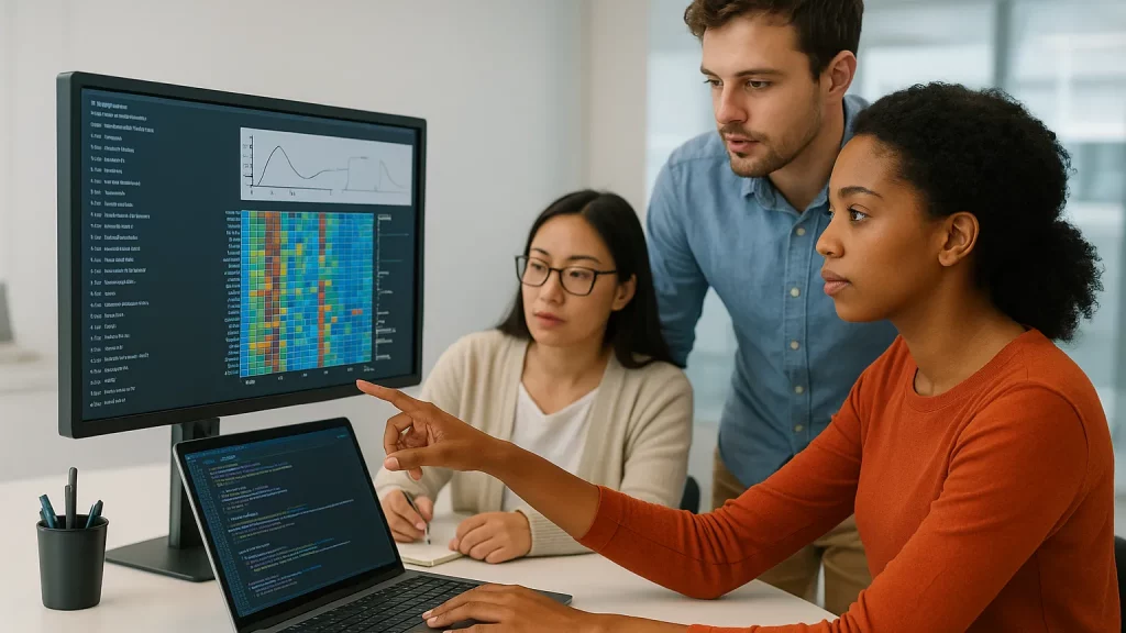 Three people focused on data displayed on a desktop monitor, with one person pointing at a colorful chart.
