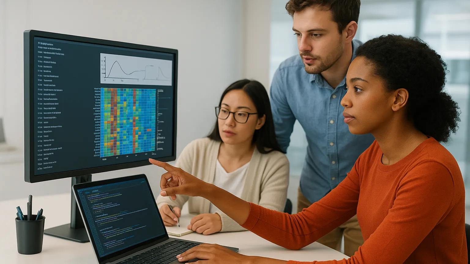 Three people focused on data displayed on a desktop monitor, with one person pointing at a colorful chart.