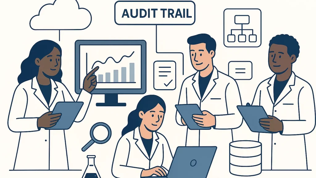 Illustration of four scientists in lab coats working with technology and data, including graphs and documents, labeled with 'audit trail'.