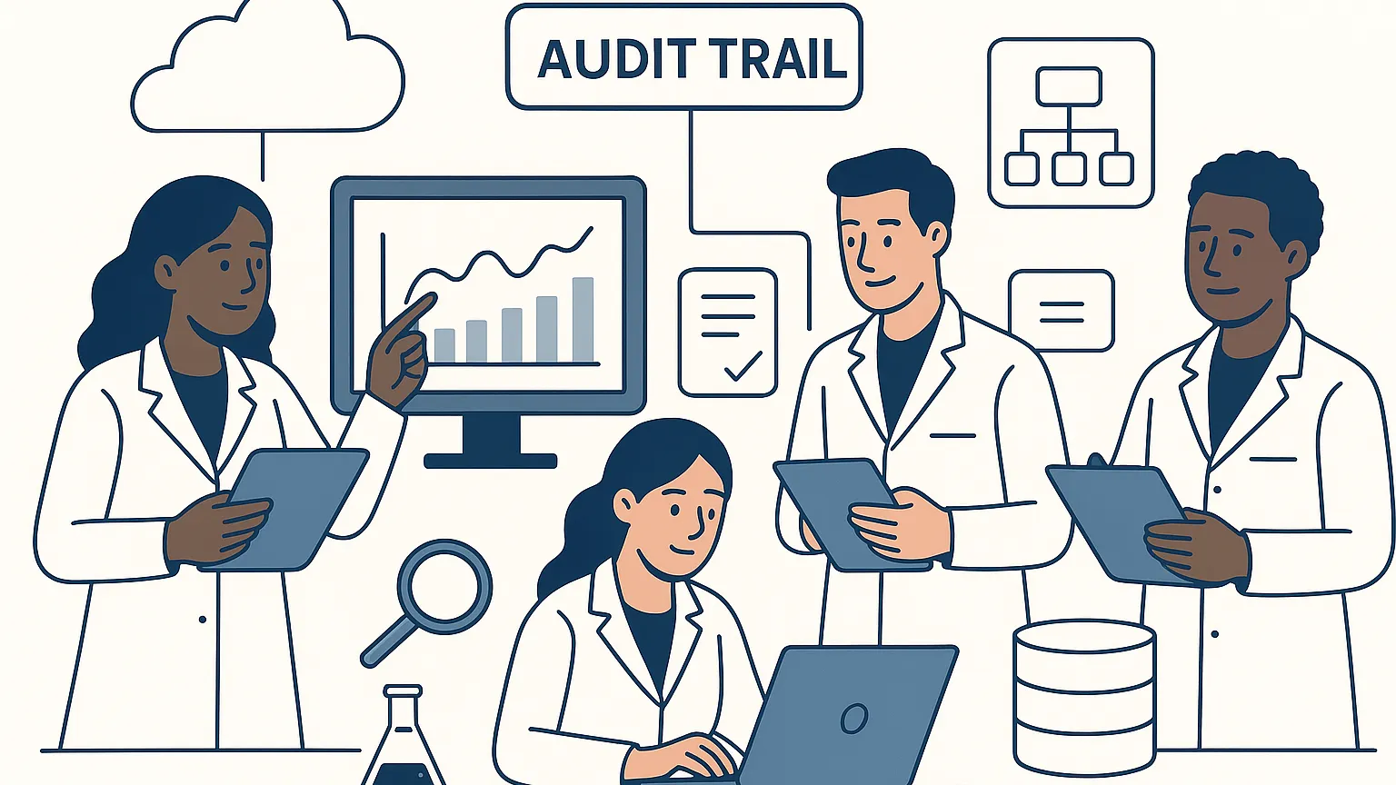 Illustration of four scientists in lab coats working with technology and data, including graphs and documents, labeled with 'audit trail'.