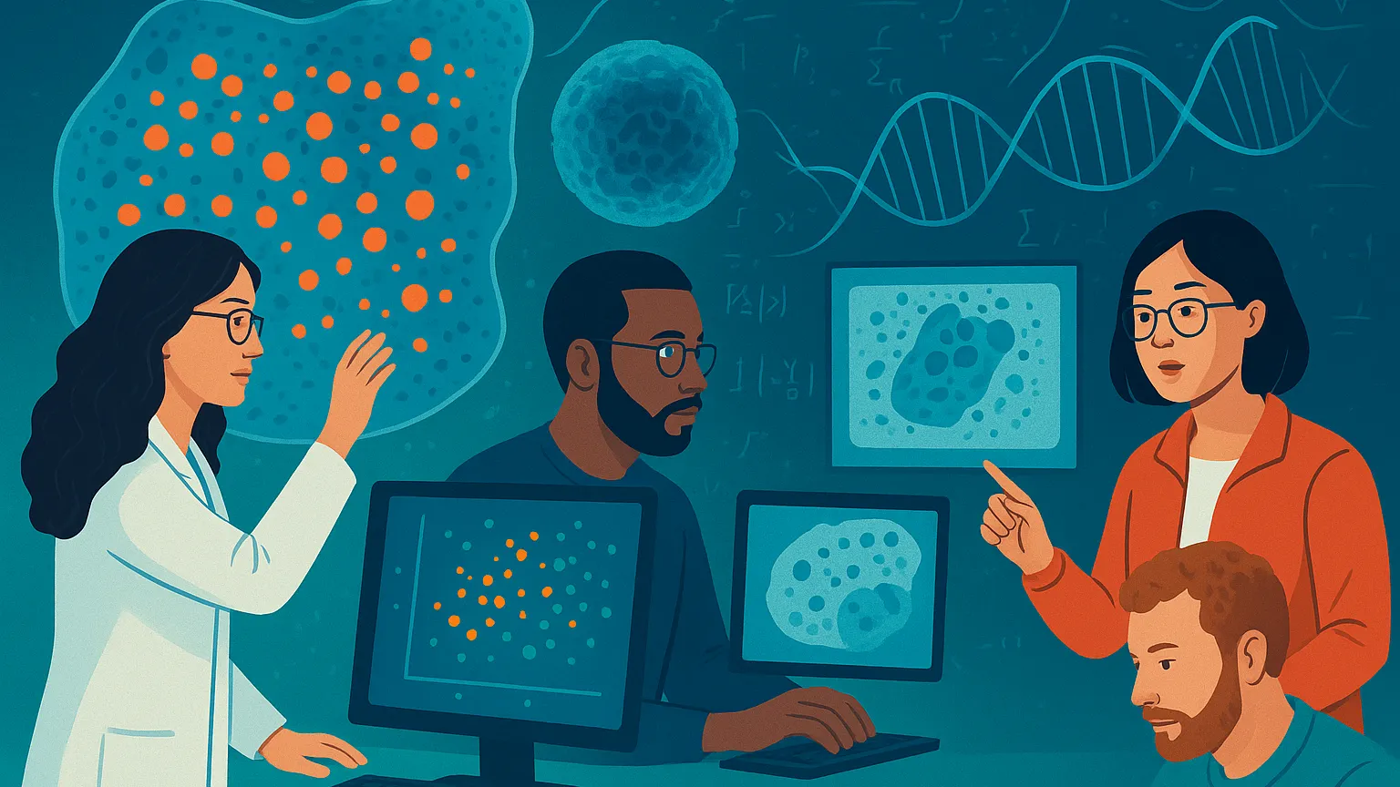 Illustration of four scientists working together, analyzing data on computer screens with images of cells and DNA in the background.