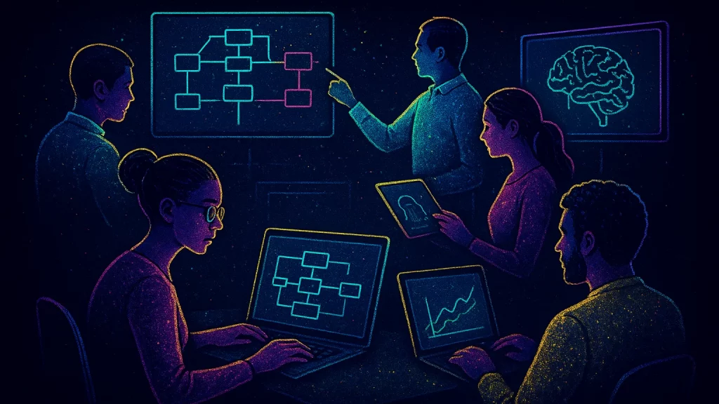 Illustration of five people in a dark room working with computers, tablets, and screens displaying flowcharts, graphs, and a brain diagram.