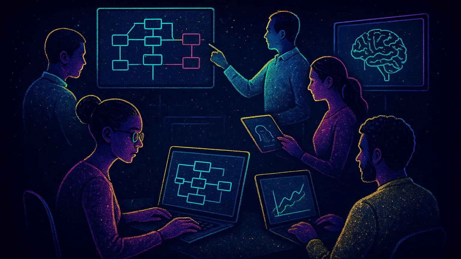Illustration of five people in a dark room working with computers, tablets, and screens displaying flowcharts, graphs, and a brain diagram.
