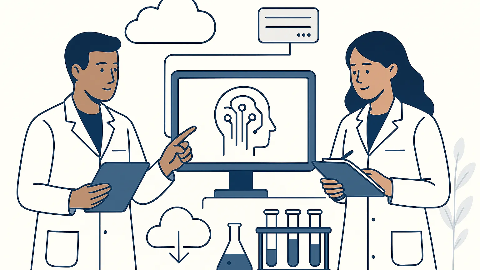 Illustration of two scientists in lab coats discussing a digital display showing a brain with circuit patterns, surrounded by cloud and data icons.