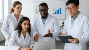 A group of scientists in lab coats working together, with one using a laptop and others holding documents and discussing.