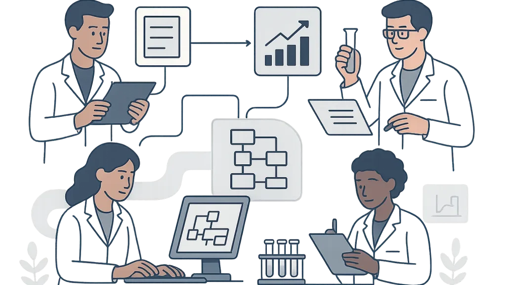 Illustration of four scientists working together, using tablets, computers, and test tubes, connected by flow charts and graphs.