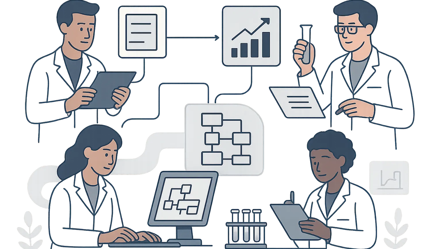 Illustration of four scientists working together, using tablets, computers, and test tubes, connected by flow charts and graphs.