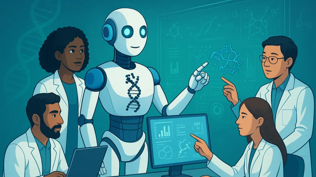 Illustration of a group of scientists and a humanoid robot with a DNA symbol on its chest, working together in a laboratory with digital data displays.