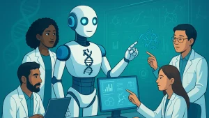 Illustration of a group of scientists and a humanoid robot with a DNA symbol on its chest, working together in a laboratory with digital data displays.