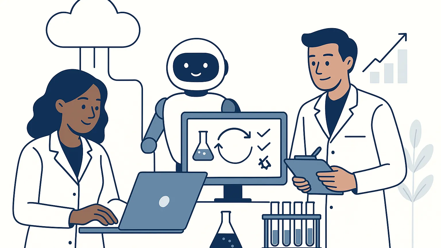 Illustration of two scientists and a robot working together in a lab with a computer, test tubes, and chemical apparatus.