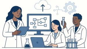 Illustration of three scientists in a lab setting. One is using a tablet, another is working on a laptop with a flowchart on a monitor, and the third is holding a test tube. Symbols of cloud storage and technology are in the background.