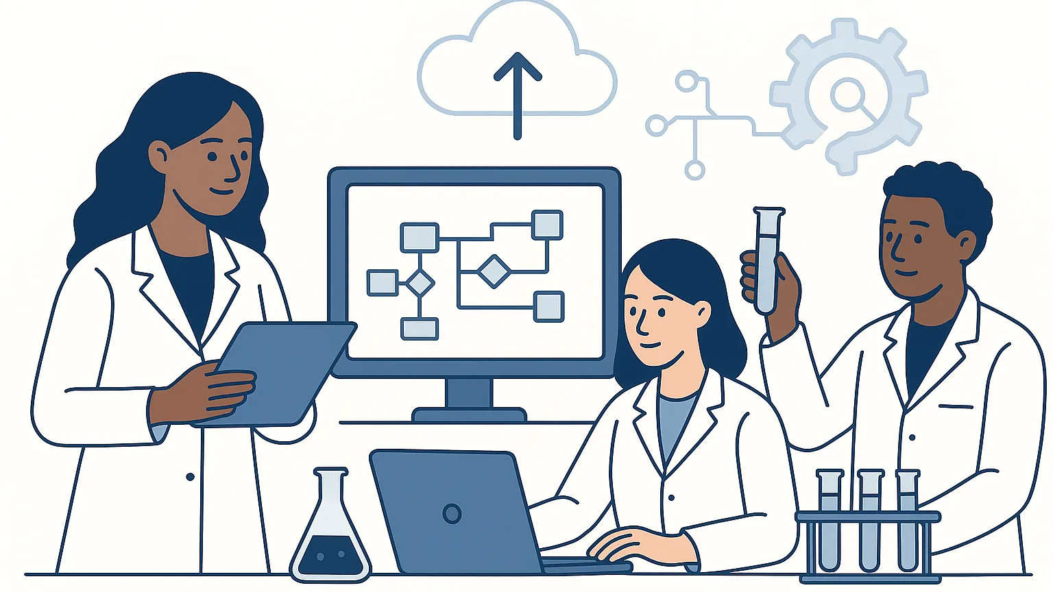 Illustration of three scientists in a lab setting. One is using a tablet, another is working on a laptop with a flowchart on a monitor, and the third is holding a test tube. Symbols of cloud storage and technology are in the background.