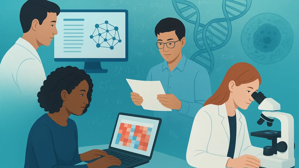 Illustration of four scientists working together in a lab; one using a microscope, one with a laptop, another holding papers, and a digital display with a molecular structure.