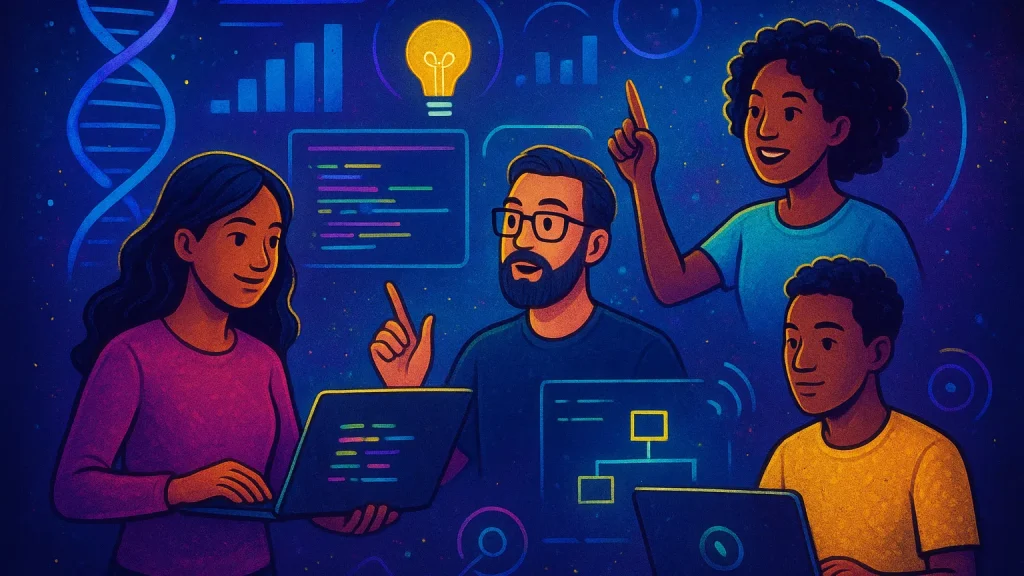 Illustration of a diverse group of people engaging with technology, including computers, code, and graphical elements like charts and a DNA helix, against a starry background.