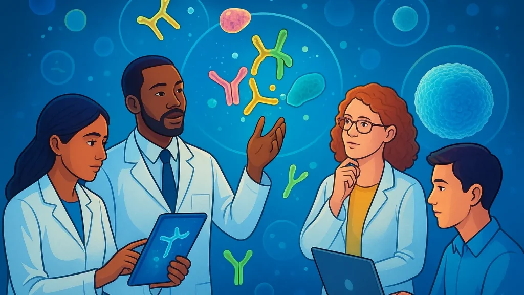 Illustration of four scientists in lab coats, examining colorful molecular structures on a screen and a tablet. A man gestures towards the structures while a woman takes notes on a laptop.